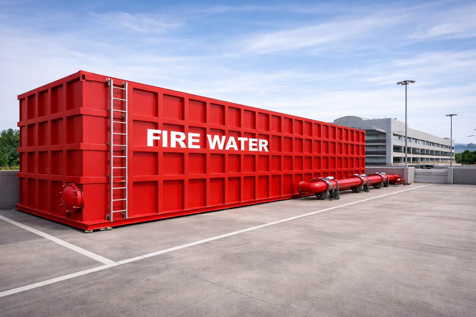 FireWater modular fire water storage tank installed at a commercial facility, showing the signature red rectangular vessel with integrated pump connections