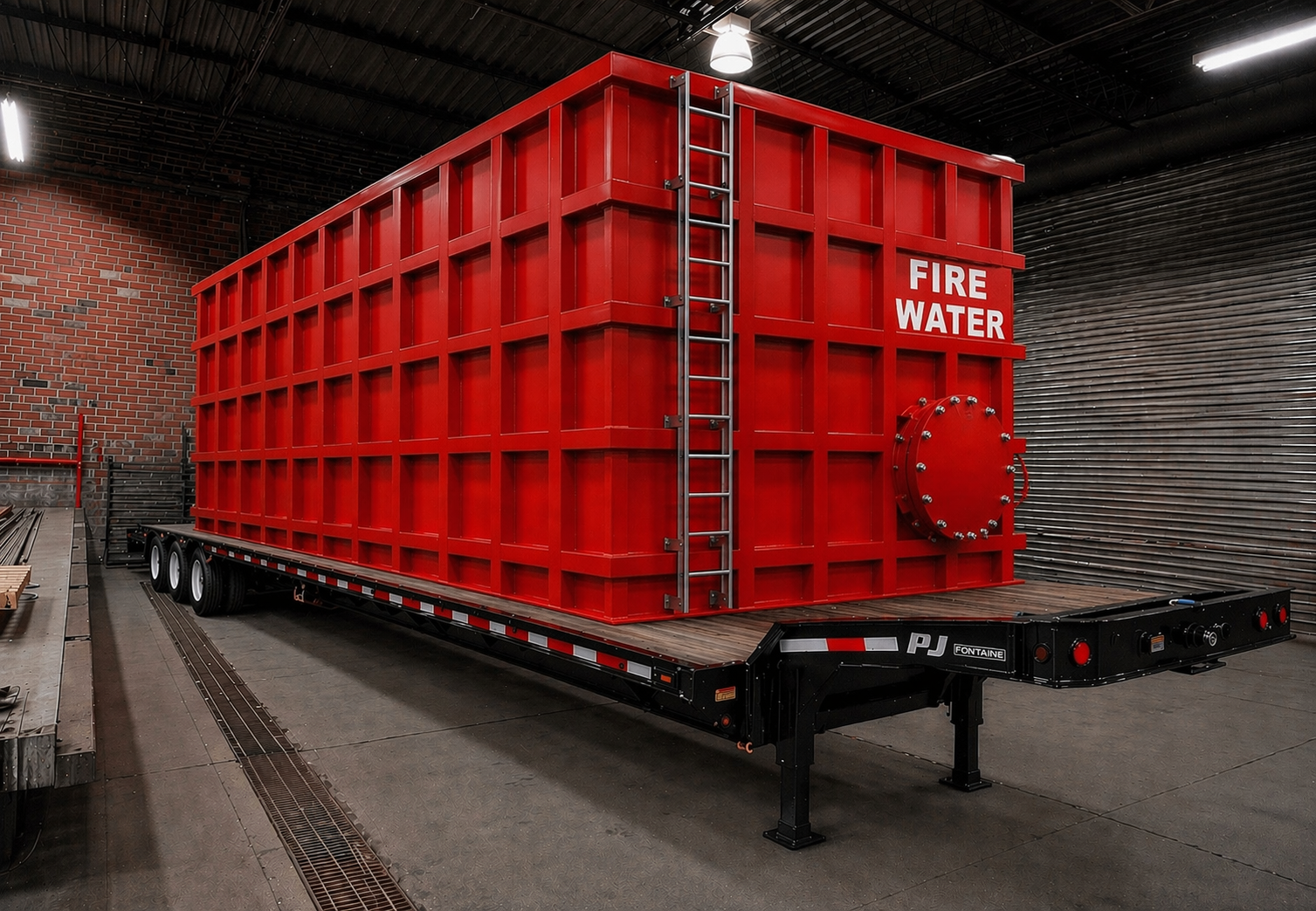 FireWater tank shop-welded and loaded on a flatbed trailer inside the Canton, Ohio manufacturing facility, ready for delivery