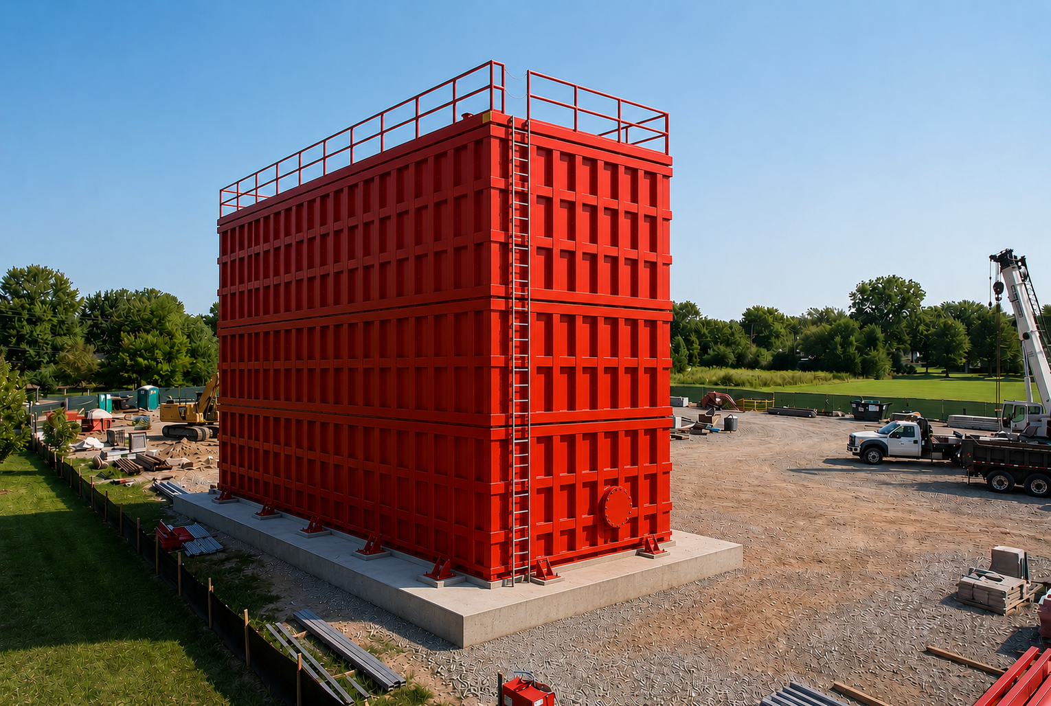 Aerial view of a stacked FireWater tank configuration installed on a concrete pad, showing double-height storage in a single footprint